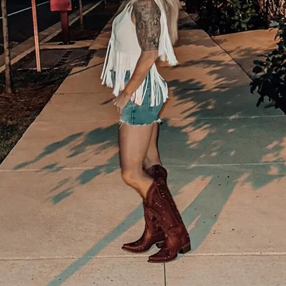 Women's Red Leather Embroidery Knee High Western Cowgirl Boots Lightweight - Picture 6 of 6